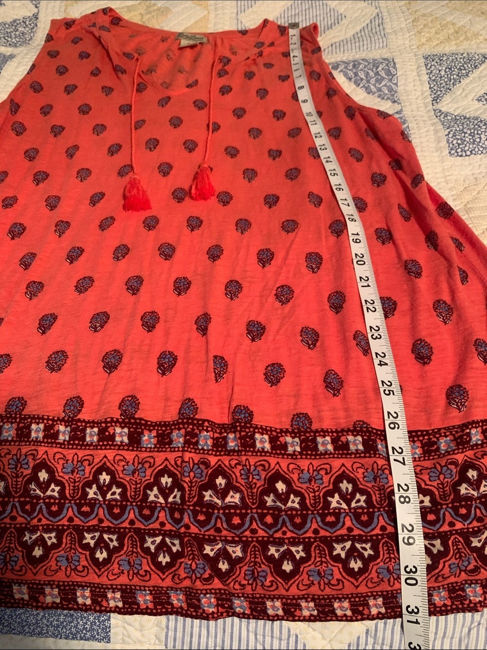 Lucky Brand 2x Coral-Orange with Navy Print Tunic Sleeveless Lightweight Vented - Picture 8 of 10